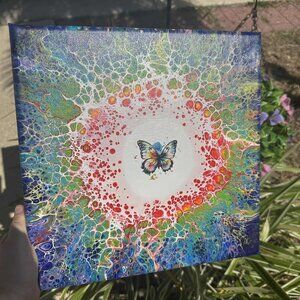 Rainbow Butterfly 12" x 12" Canvas | Rainbow Acrylic Pour | Dutch Pour